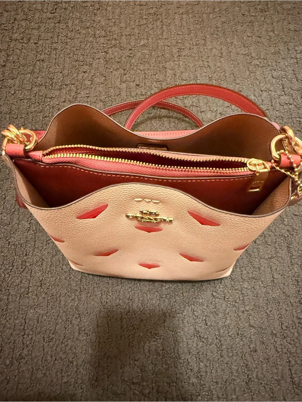 Coach Pink Heart Print Crossbody Bag with Red Trim